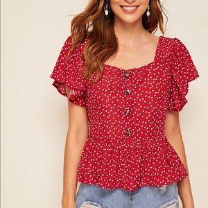 Confetti Heart Print Ruffle Hem Blouse